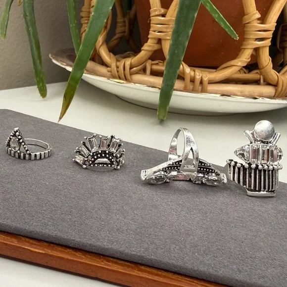 NWT Free People Rhapsody Silver Rhinestone Statement Ring Set Art Deco Stack - Picture 5 of 11